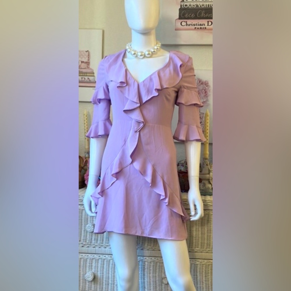 Amanda Uprichard Ruffle Front Accents Short Tiered Sleeves Lavender Dress Sz. XS